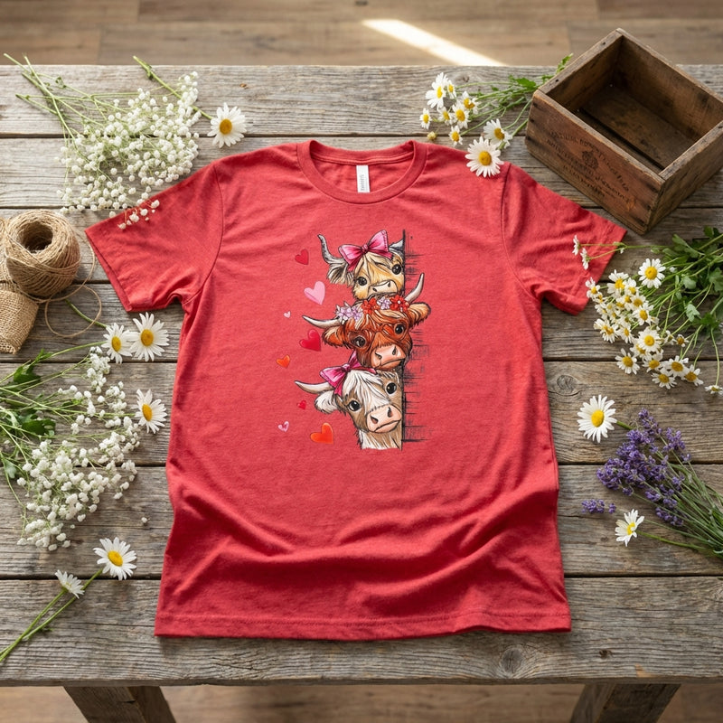 Load image into Gallery viewer, SBT 7 - Stacked Highland Cow Valentine T Shirt
