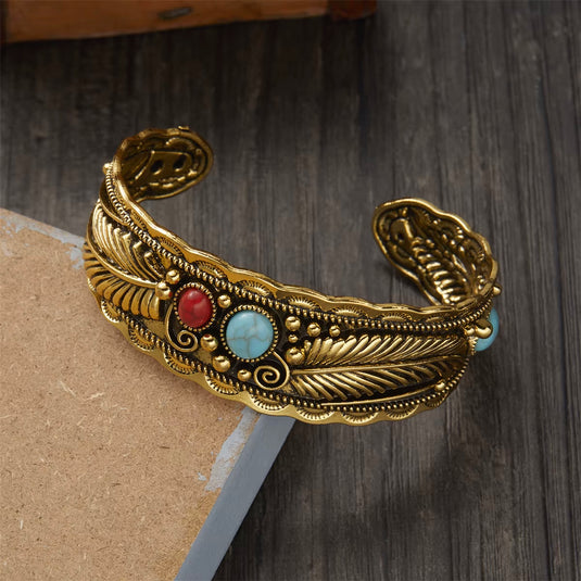 TMBC47 - Gold Carved Bracelet With Stones