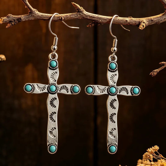 NIHER127 - Geometric Silver Cross Drop Earrings W/ Turquoise Stones