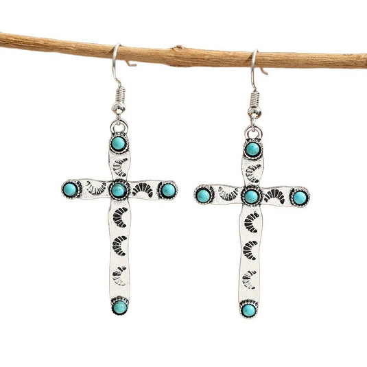NIHER127 - Geometric Silver Cross Drop Earrings W/ Turquoise Stones