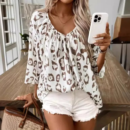 NIHTS33 - Ladies Khaki Leopard Print V Neck 3/4 Sleeve Shirt
