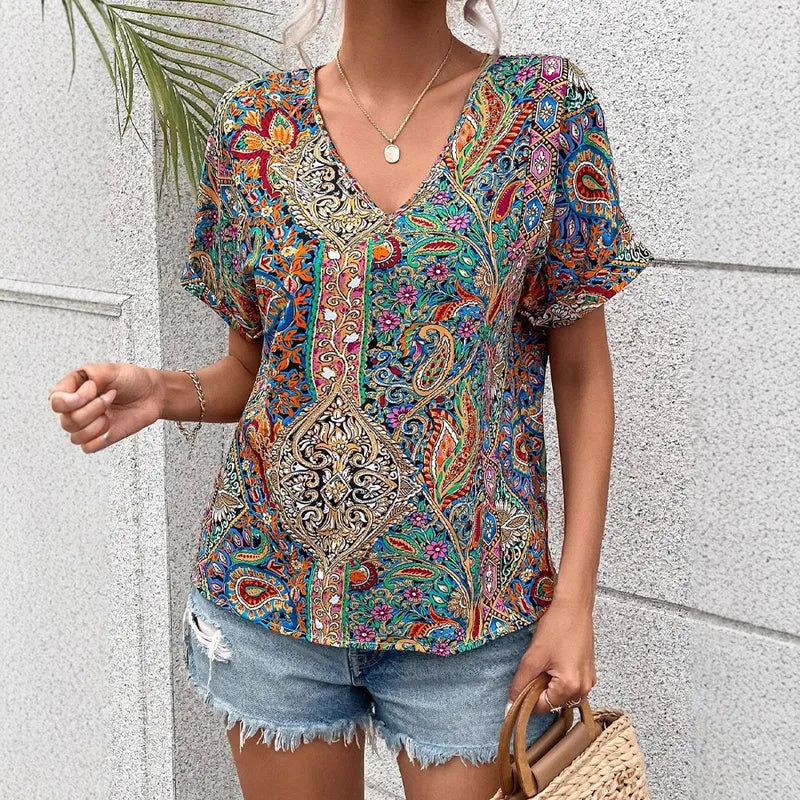 Load image into Gallery viewer, NIHTS86 - Ladies Lightweight Paisley Printed V Neck Shirt
