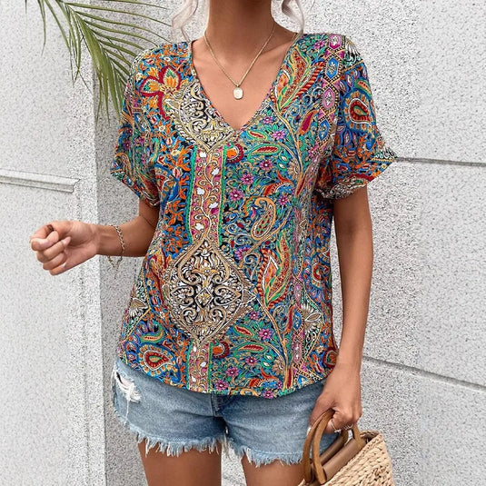 NIHTS86 - Ladies Lightweight Paisley Printed V Neck Shirt
