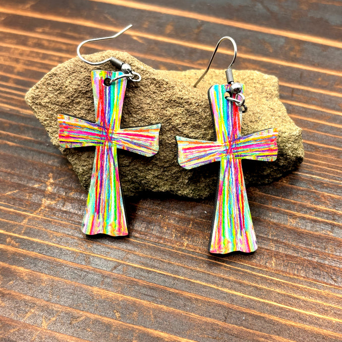 TMER44 - Colorful Wooden Cross Earrings