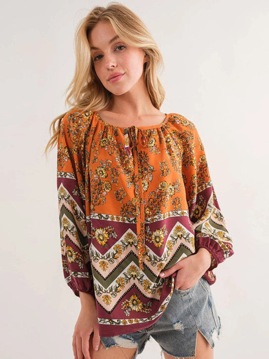 WFT 13 - WOMEN'S LONG SLEEVE V-NECK MULTI PRINT TUNIC BLOUSE