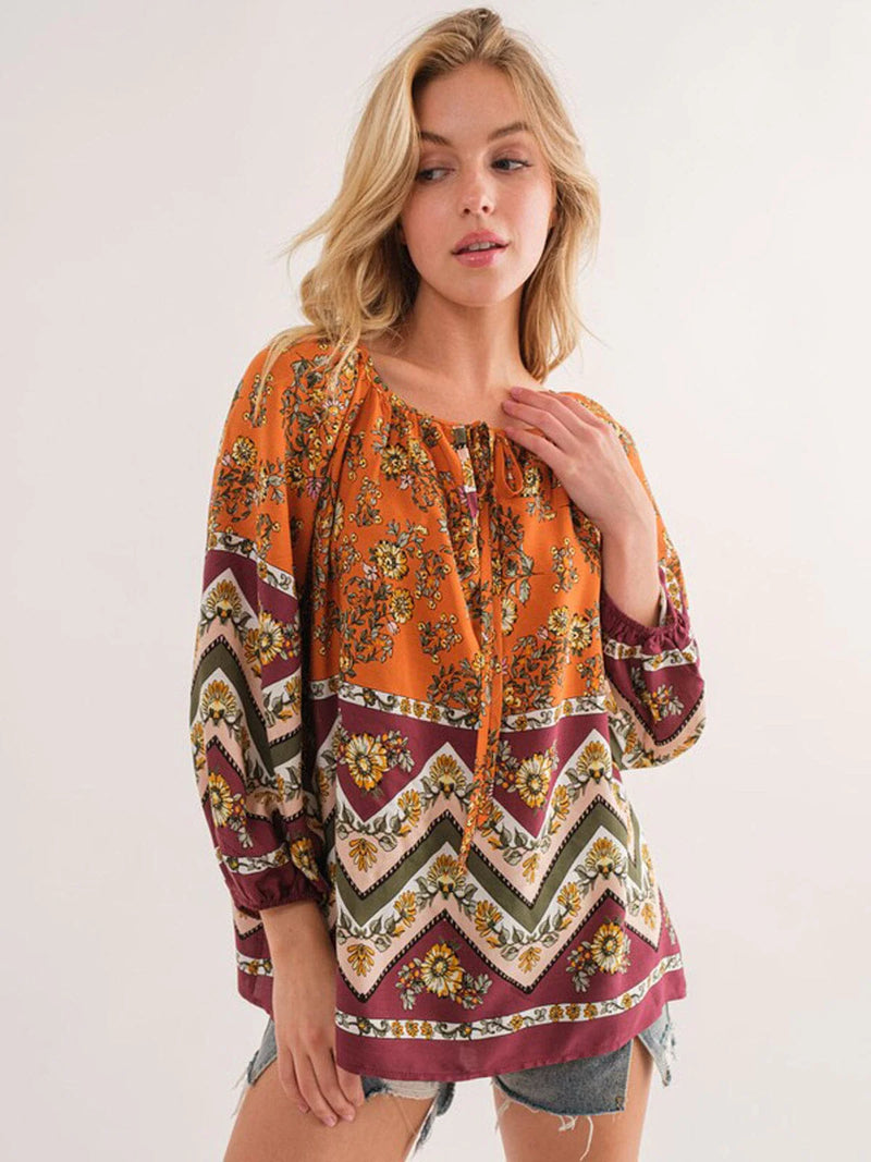 Load image into Gallery viewer, WFT 13 - WOMEN&#39;S LONG SLEEVE V-NECK MULTI PRINT TUNIC BLOUSE
