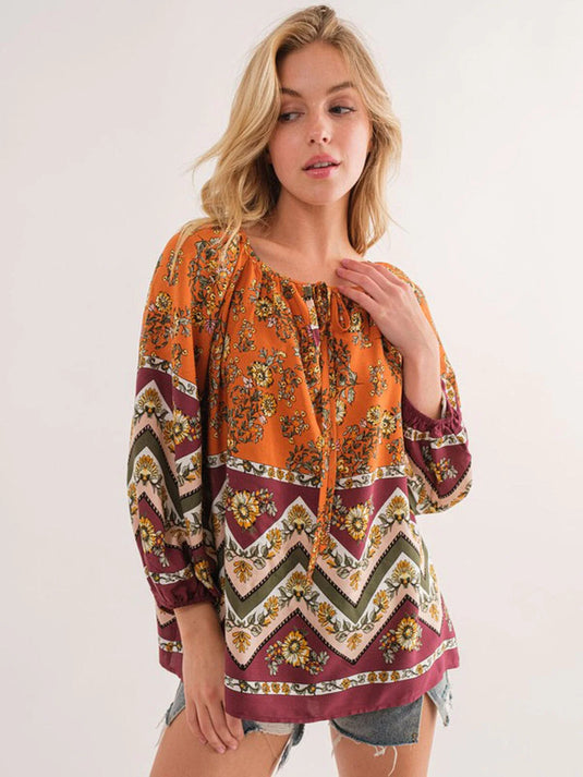 WFT 13 - WOMEN'S LONG SLEEVE V-NECK MULTI PRINT TUNIC BLOUSE