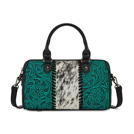 TR-HB-215-8323-BK - Trinity Ranch Tooled Floral Cowhide Satchel Crossbody Bag - Black