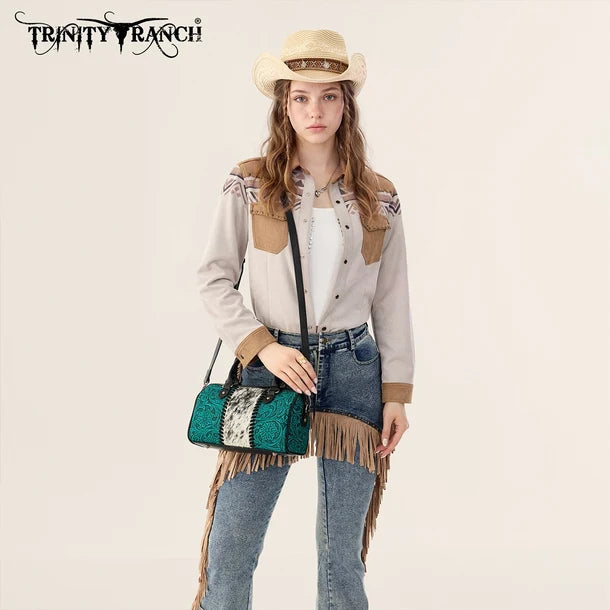 Load image into Gallery viewer, TR-HB-215-8323-BK - Trinity Ranch Tooled Floral Cowhide Satchel Crossbody Bag - Black
