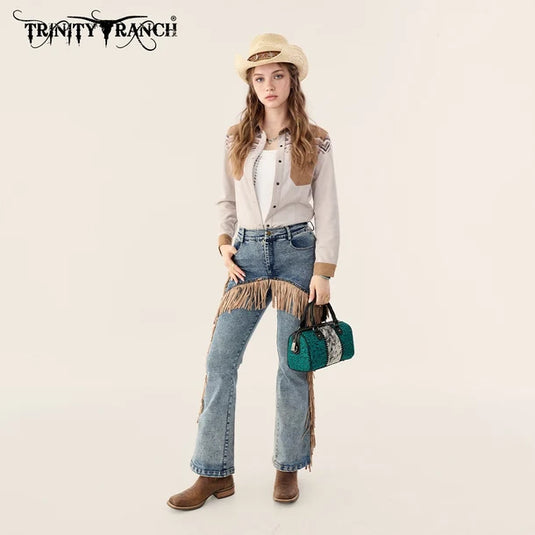 TR-HB-215-8323-BK - Trinity Ranch Tooled Floral Cowhide Satchel Crossbody Bag - Black