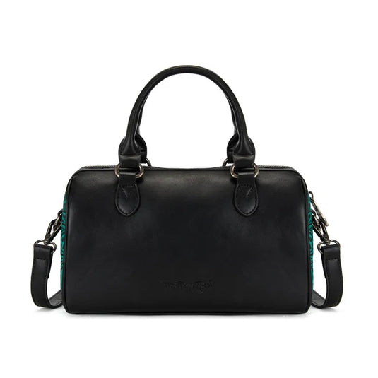 TR-HB-215-8323-BK - Trinity Ranch Tooled Floral Cowhide Satchel Crossbody Bag - Black