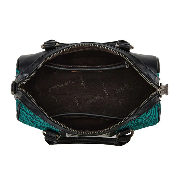 Load image into Gallery viewer, TR-HB-215-8323-BK - Trinity Ranch Tooled Floral Cowhide Satchel Crossbody Bag - Black
