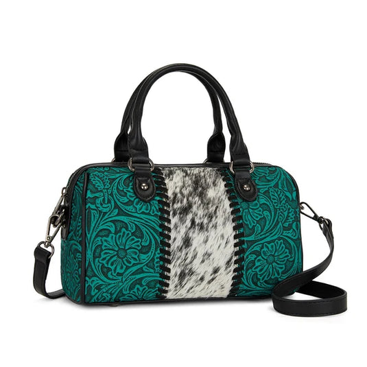 TR-HB-215-8323-BK - Trinity Ranch Tooled Floral Cowhide Satchel Crossbody Bag - Black