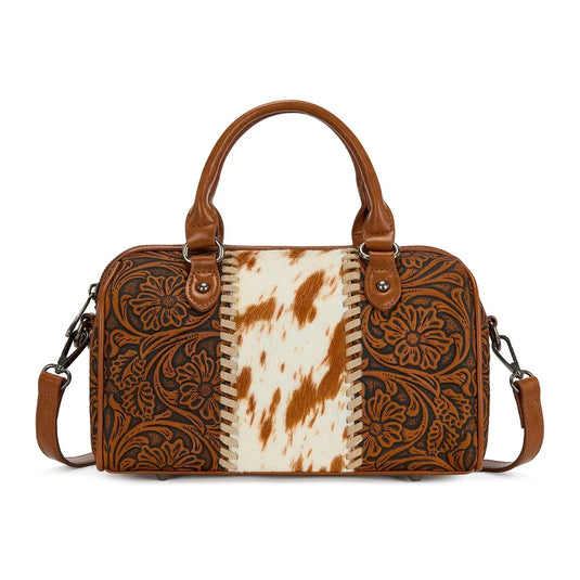 TR-HB-215-8323-BR - Trinity Ranch Tooled Floral Cowhide Satchel Crossbody Bag - Brown