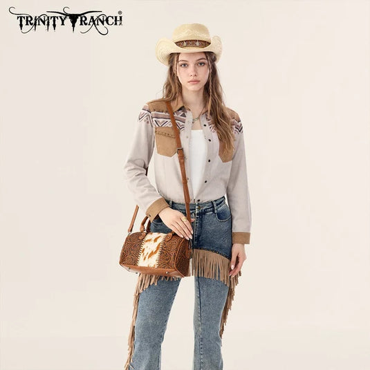 TR-HB-215-8323-BR - Trinity Ranch Tooled Floral Cowhide Satchel Crossbody Bag - Brown