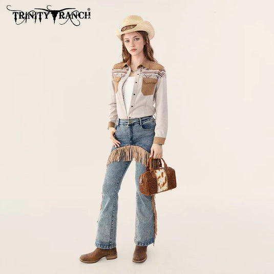 TR-HB-215-8323-BR - Trinity Ranch Tooled Floral Cowhide Satchel Crossbody Bag - Brown