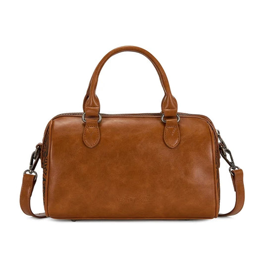 TR-HB-215-8323-BR - Trinity Ranch Tooled Floral Cowhide Satchel Crossbody Bag - Brown
