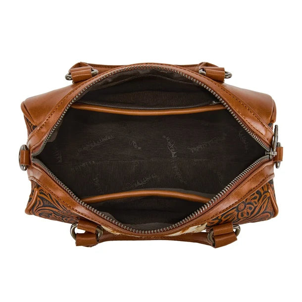 Load image into Gallery viewer, TR-HB-215-8323-BR - Trinity Ranch Tooled Floral Cowhide Satchel Crossbody Bag - Brown
