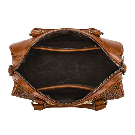 TR-HB-215-8323-BR - Trinity Ranch Tooled Floral Cowhide Satchel Crossbody Bag - Brown