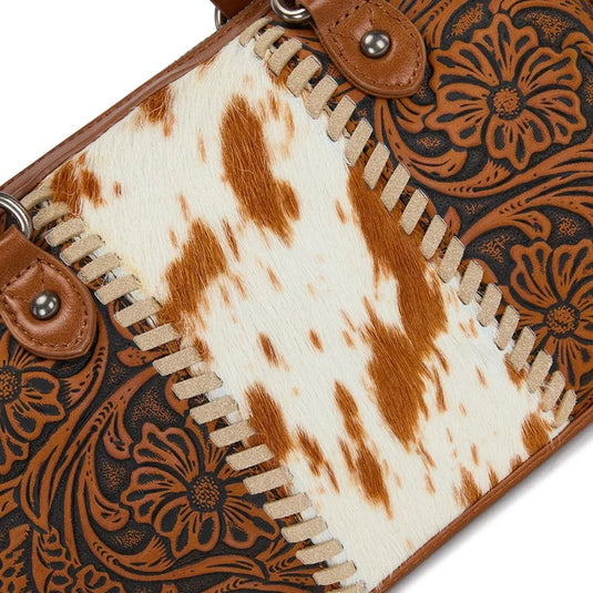 TR-HB-215-8323-BR - Trinity Ranch Tooled Floral Cowhide Satchel Crossbody Bag - Brown