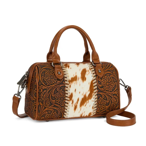 Load image into Gallery viewer, TR-HB-215-8323-BR - Trinity Ranch Tooled Floral Cowhide Satchel Crossbody Bag - Brown
