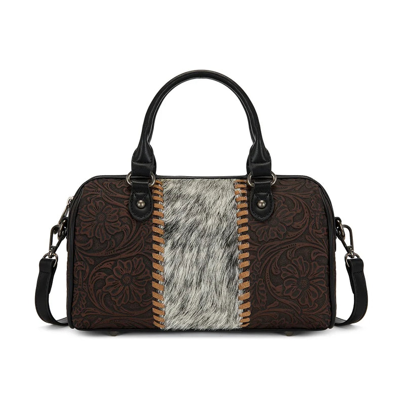 Load image into Gallery viewer, TR-HB-215-8323-CF - Trinity Ranch Tooled Floral Cowhide Satchel Crossbody Bag - Coffee
