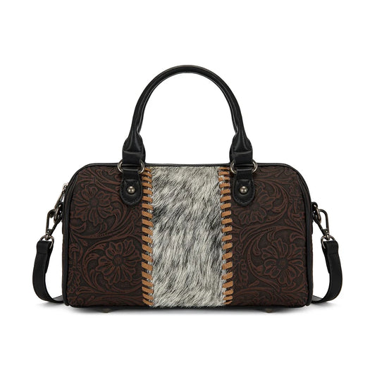 TR-HB-215-8323-CF - Trinity Ranch Tooled Floral Cowhide Satchel Crossbody Bag - Coffee
