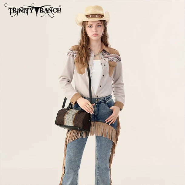 Load image into Gallery viewer, TR-HB-215-8323-CF - Trinity Ranch Tooled Floral Cowhide Satchel Crossbody Bag - Coffee
