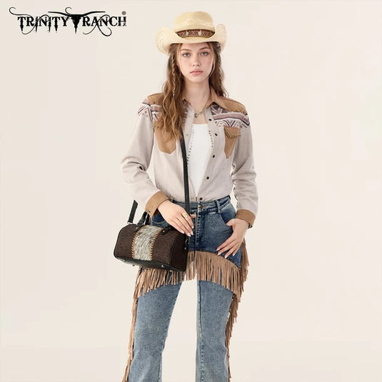 TR-HB-215-8323-CF - Trinity Ranch Tooled Floral Cowhide Satchel Crossbody Bag - Coffee