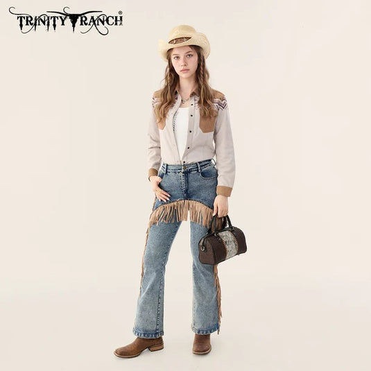 TR-HB-215-8323-CF - Trinity Ranch Tooled Floral Cowhide Satchel Crossbody Bag - Coffee