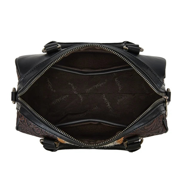 Load image into Gallery viewer, TR-HB-215-8323-CF - Trinity Ranch Tooled Floral Cowhide Satchel Crossbody Bag - Coffee
