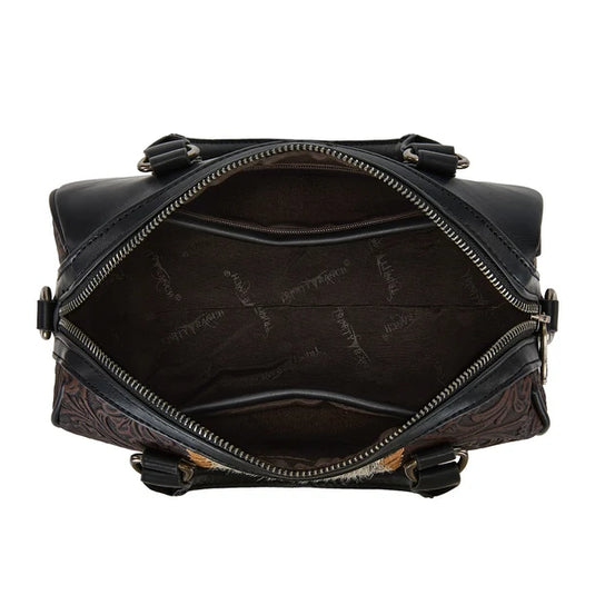 TR-HB-215-8323-CF - Trinity Ranch Tooled Floral Cowhide Satchel Crossbody Bag - Coffee