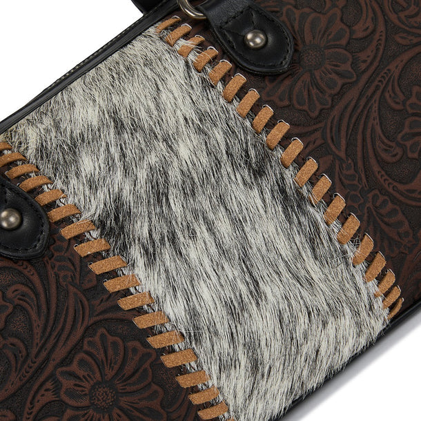 Load image into Gallery viewer, TR-HB-215-8323-CF - Trinity Ranch Tooled Floral Cowhide Satchel Crossbody Bag - Coffee
