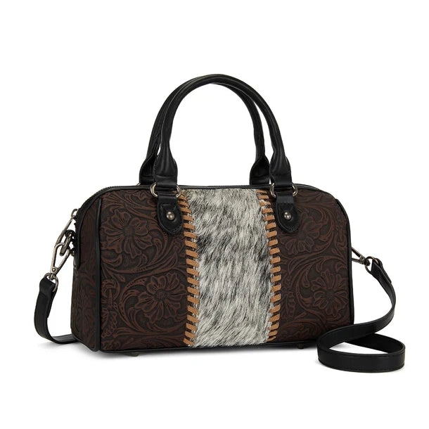 Load image into Gallery viewer, TR-HB-215-8323-CF - Trinity Ranch Tooled Floral Cowhide Satchel Crossbody Bag - Coffee
