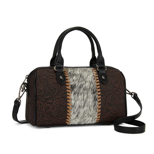 TR-HB-215-8323-CF - Trinity Ranch Tooled Floral Cowhide Satchel Crossbody Bag - Coffee