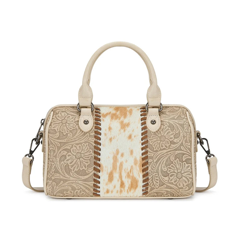 Load image into Gallery viewer, TR-HB-215-8323-TN - Trinity Ranch Tooled Floral Cowhide Satchel Crossbody Bag - Tan

