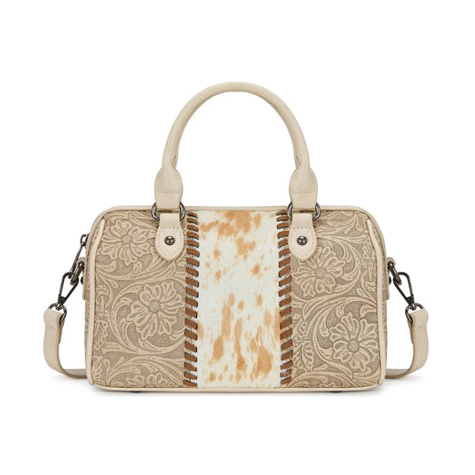 TR-HB-215-8323-TN - Trinity Ranch Tooled Floral Cowhide Satchel Crossbody Bag - Tan