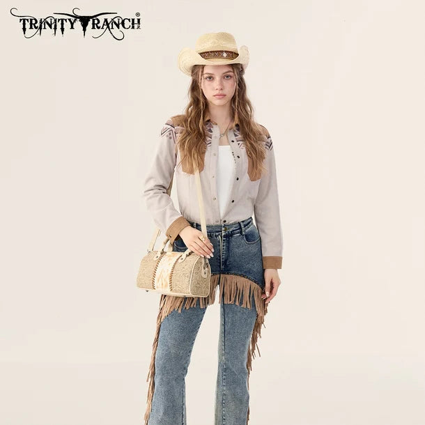 Load image into Gallery viewer, TR-HB-215-8323-TN - Trinity Ranch Tooled Floral Cowhide Satchel Crossbody Bag - Tan
