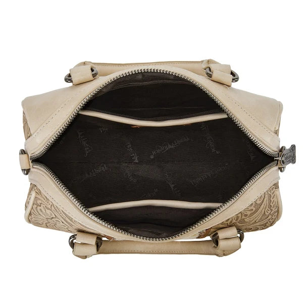 Load image into Gallery viewer, TR-HB-215-8323-TN - Trinity Ranch Tooled Floral Cowhide Satchel Crossbody Bag - Tan
