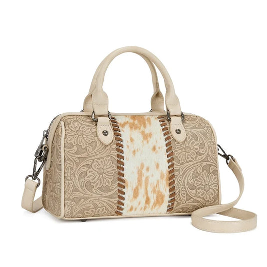 TR-HB-215-8323-TN - Trinity Ranch Tooled Floral Cowhide Satchel Crossbody Bag - Tan