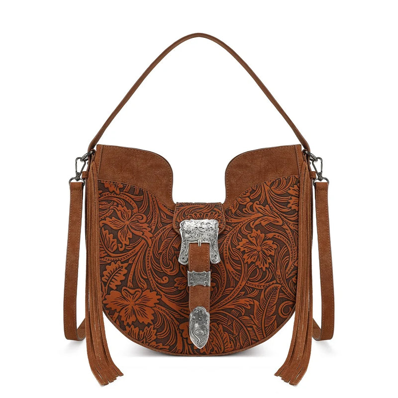 Load image into Gallery viewer, TR-HB-220-918-BR - Trinity Ranch Floral Tooled Crossbody Bag - Brown
