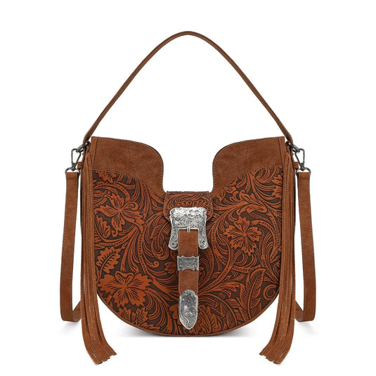 TR-HB-220-918-BR - Trinity Ranch Floral Tooled Crossbody Bag - Brown