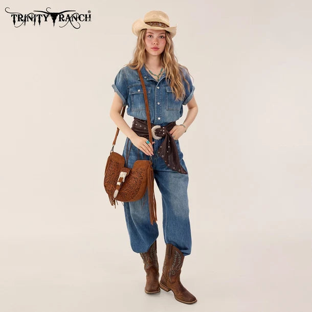 Load image into Gallery viewer, TR-HB-220-918-BR - Trinity Ranch Floral Tooled Crossbody Bag - Brown
