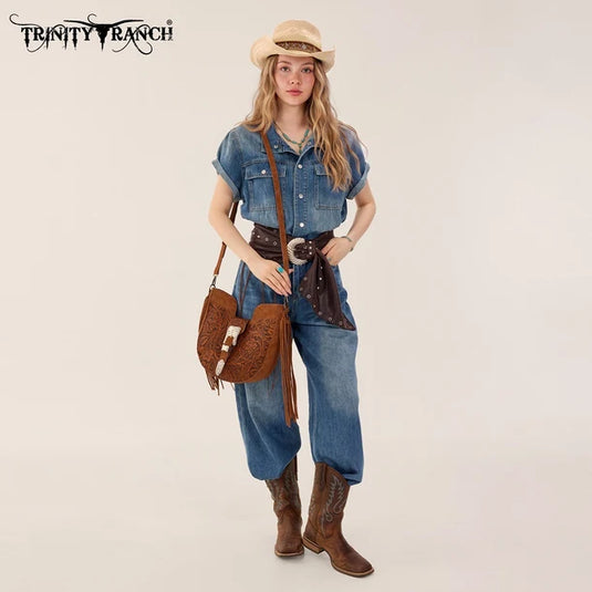 TR-HB-220-918-BR - Trinity Ranch Floral Tooled Crossbody Bag - Brown