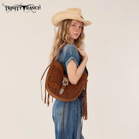 TR-HB-220-918-BR - Trinity Ranch Floral Tooled Crossbody Bag - Brown