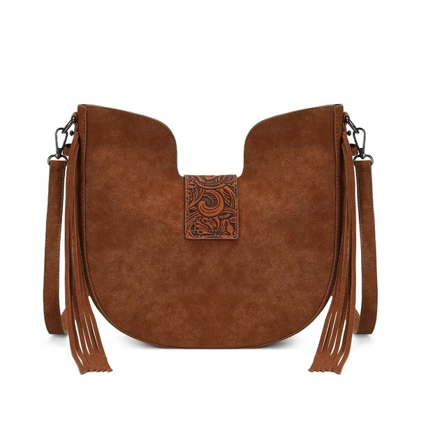 Load image into Gallery viewer, TR-HB-220-918-BR - Trinity Ranch Floral Tooled Crossbody Bag - Brown
