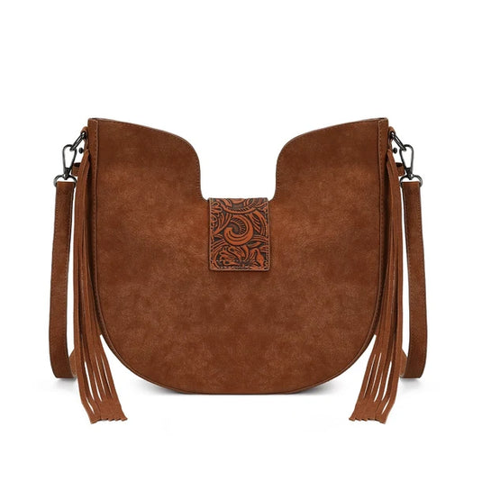TR-HB-220-918-BR - Trinity Ranch Floral Tooled Crossbody Bag - Brown