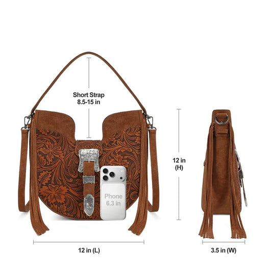 TR-HB-220-918-BR - Trinity Ranch Floral Tooled Crossbody Bag - Brown