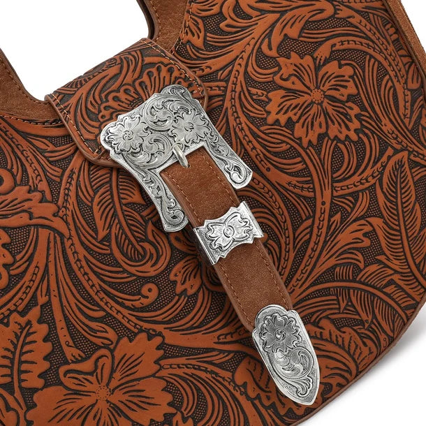 Load image into Gallery viewer, TR-HB-220-918-BR - Trinity Ranch Floral Tooled Crossbody Bag - Brown
