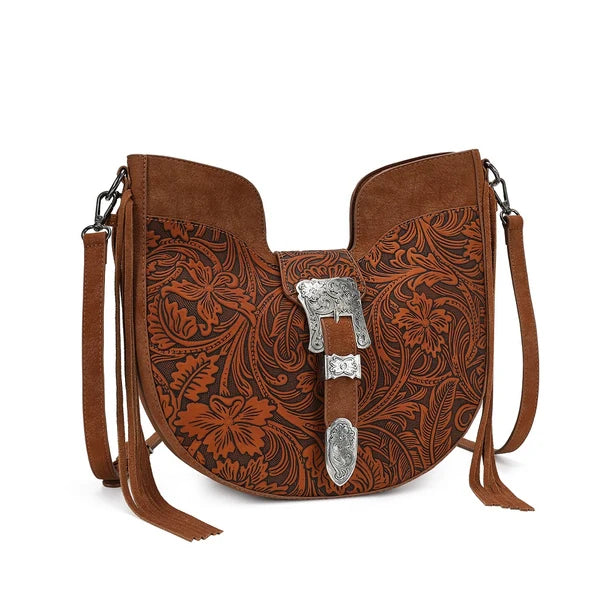 Load image into Gallery viewer, TR-HB-220-918-BR - Trinity Ranch Floral Tooled Crossbody Bag - Brown
